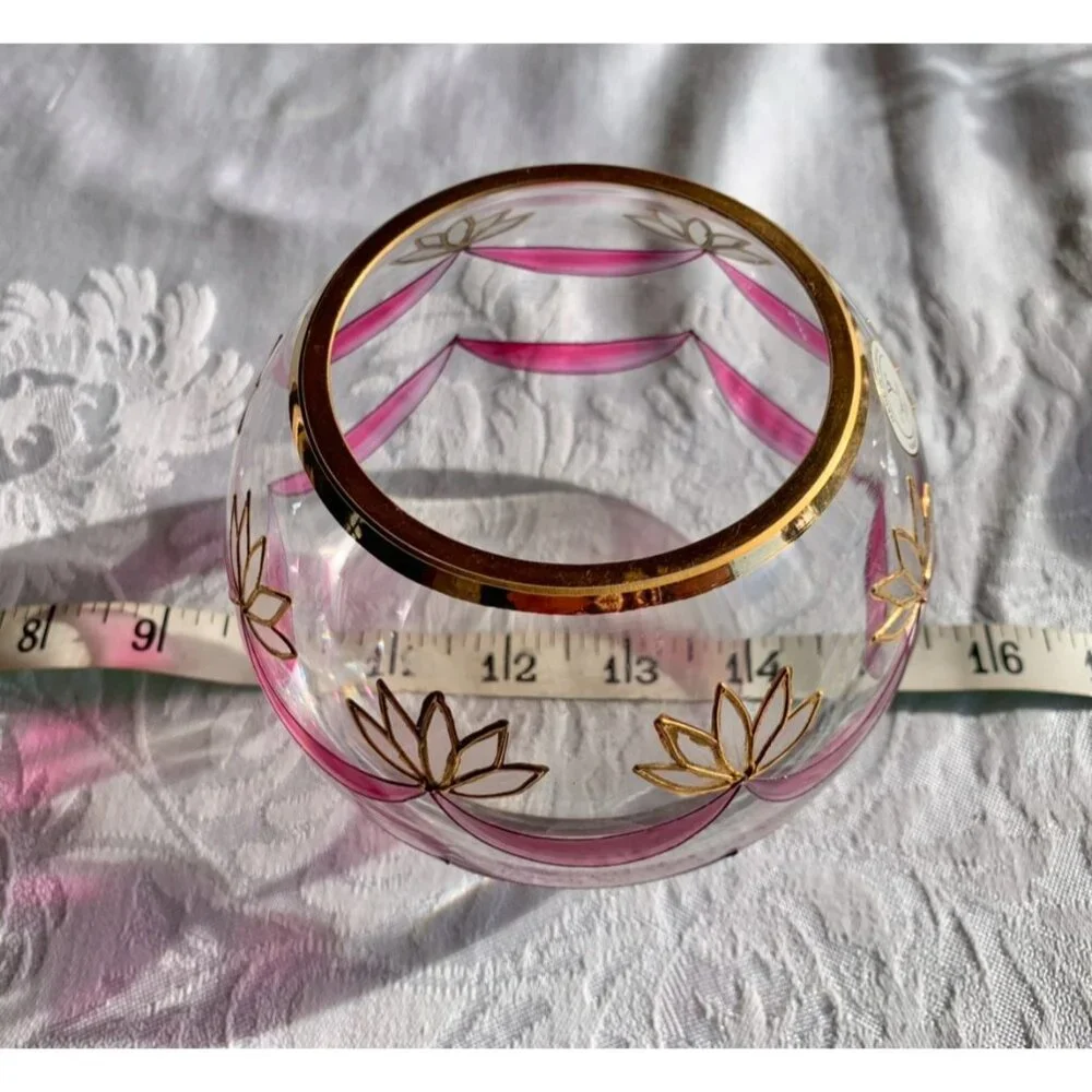 Handcrafted Romanian Crystal Bowl With Gold & Pink Lotus Design Elegant Vase Or